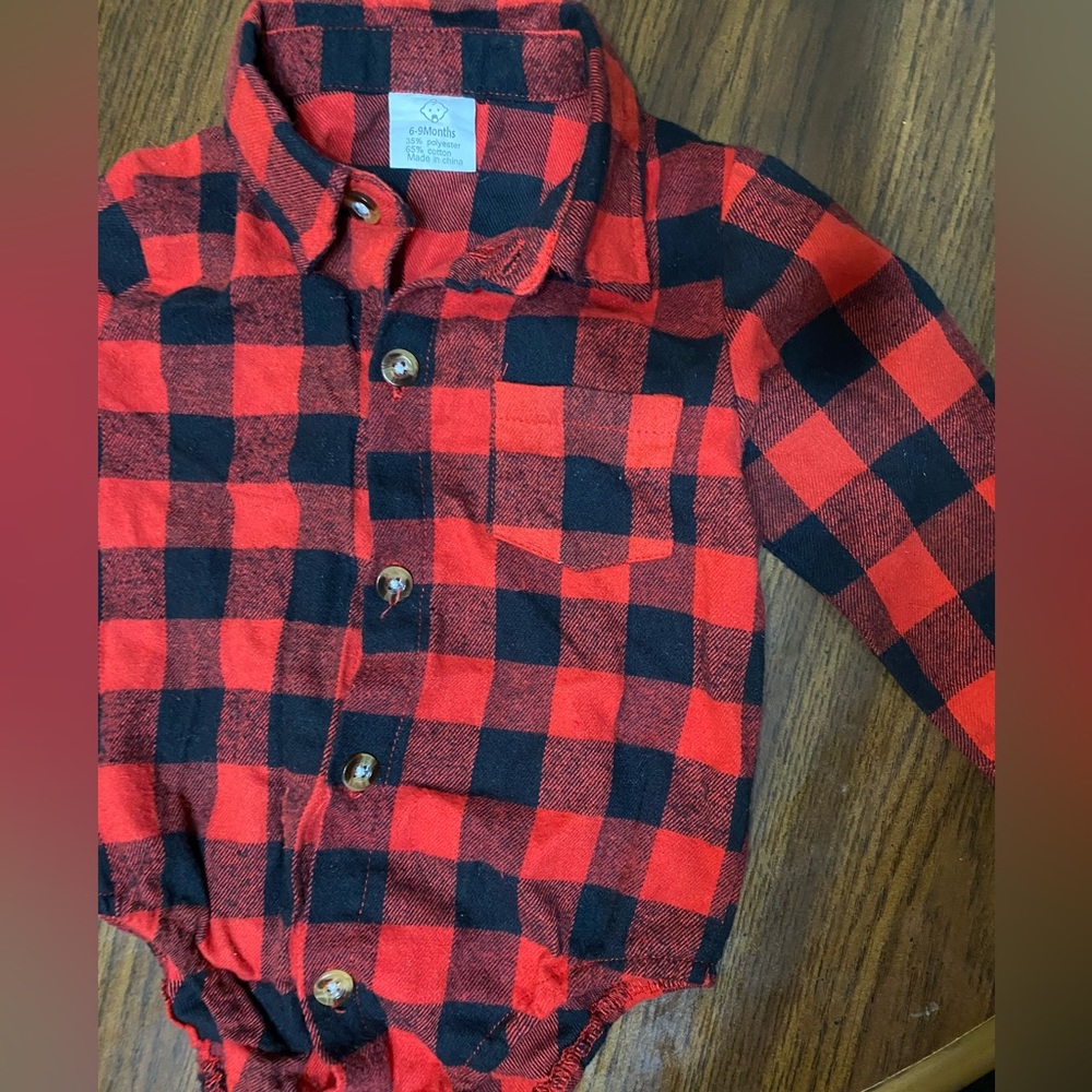 9 month carters pants with plaid Christmas shirt